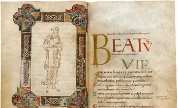 Frontispicio y Salmo 1 en el salterio de Becket.
