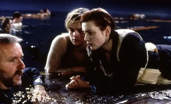Cameron, DiCaprio y Winslet en el rodaje de Titanic