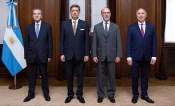 De izquierda a derecha, los jueces de la Corte Suprema de Justicia de la Nación Juan Carlos Maqueda, Horacio rosatti, Carlos Rosenkrantz y Ricardo Lorenzetti