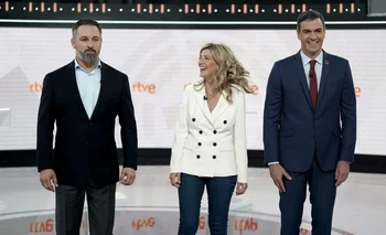 Los candidatos Pedro Sánchez, Yolanda Díaz y Santiago Abascal en el debate de RTVE