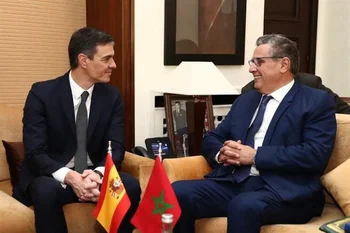 Pedro Sánchez en la Reunión de Alto Nivel (RAN) de 2023 junto al primer ministro marroquí, Aziz Ajanuch