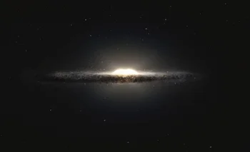 Representación artística de la Vía Láctea desde un ángulo imposible de apreciar desde la Tierra, casi al borde de la galaxia hacia dentro